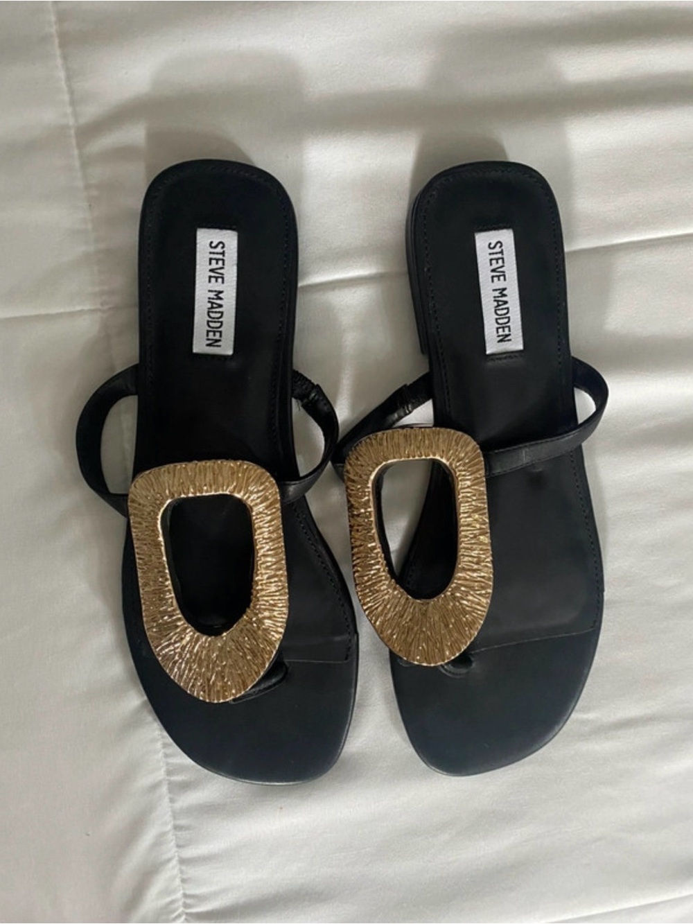 Steve Madden Black Sandals with Gold Statement Buckles